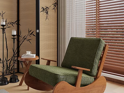 Cozy Green Fabric Leisure Chair Wooden Frame Side Round Table Candles Bamboo Decor Window Blinds 3d model