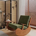 Cozy Green Fabric Leisure Chair Wooden Frame Side Round Table Candles Bamboo Decor Window Blinds