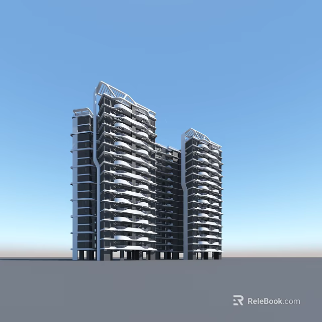 Modern High Rise Residential Building With Unique Facade And Balcony Design 3d model 
