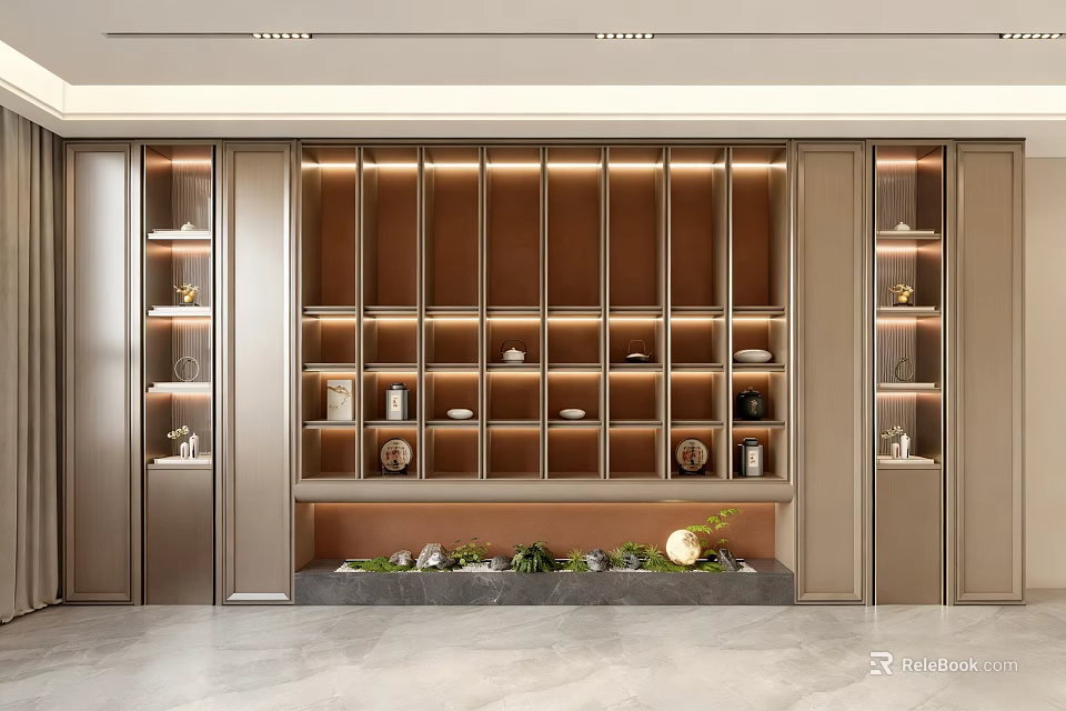 Modern Wooden Decorative Cabinet With Glass Shelves Interior Lighting Ornaments And Stone Plant Base 3d model 