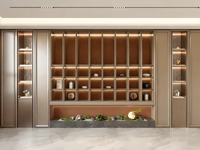 Modern Wooden Decorative Cabinet With Glass Shelves Interior Lighting Ornaments And Stone Plant Base 3d model