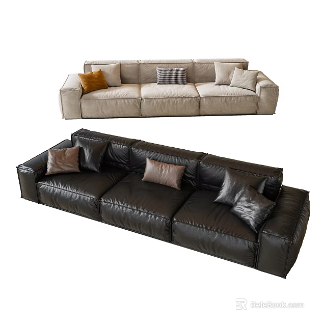 Comfortable Three Seater Leather Sofa in Beige and Black with Decorative Cushions 3d model 