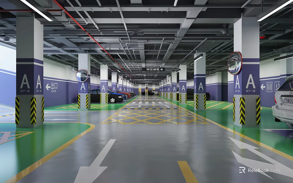 Bright Indoor Parking Garage With Clear Lane Markings And Directional Arrow Signs 3d model 