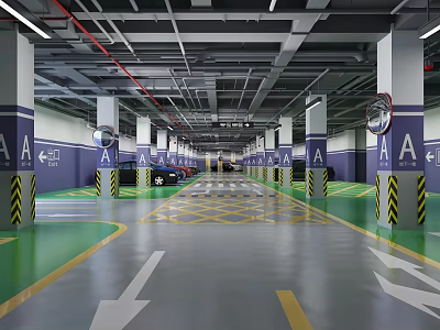 Bright Indoor Parking Garage With Clear Lane Markings And Directional Arrow Signs 3d model