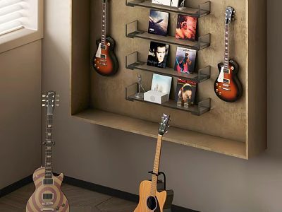 Stylish Musical Instruments And Art Supplies Display With Wall Mounted Shelves And Guitars 3d model
