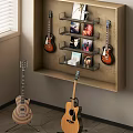 Stylish Musical Instruments And Art Supplies Display With Wall Mounted Shelves And Guitars