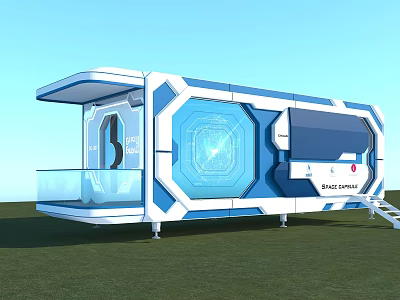 Modern Space Pod With Blue White Exterior Transparent Balcony And Digital 3d model