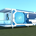 Modern Space Pod With Blue White Exterior Transparent Balcony And Digital