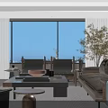 Modern Living Dining Room Interior With Sofa Chair Dining Table Decorative Sculpture And Gray Walls