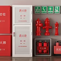 Complete Fire Fighting Equipment Set With Red Hydrants Extinguishers Cabinets Boxes and Safety Signage