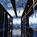 Futuristic Corridor Interior With Orange And White Lines Reflective Floor And Digital Screens