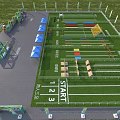 Outdoor Sports Field With Green Lawn Colorful Track Obstacles Blue Canopies And Decorative Arch