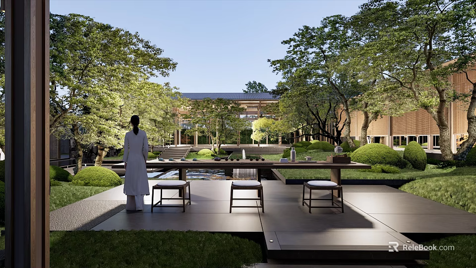 Tranquil Courtyard Garden with Person Standing Among Lush Trees Green Lawn Water Pond and Stone Benches 3d model 