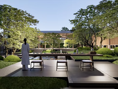 Tranquil Courtyard Garden with Person Standing Among Lush Trees Green Lawn Water Pond and Stone Benches 3d model