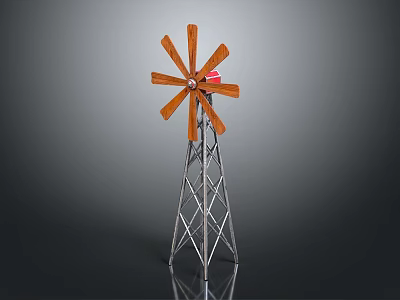 Vintage Wooden Windmill Structure With Metal Tower And Red Center Component 3d model