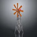 Vintage Wooden Windmill Structure With Metal Tower And Red Center Component