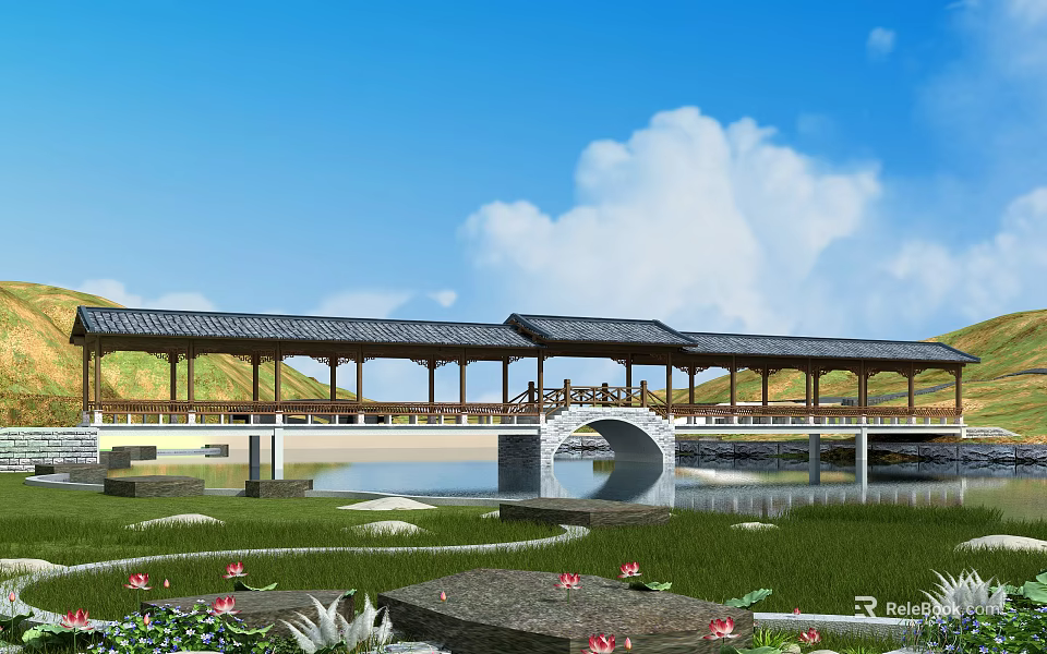Traditional Covered Bridge With Pavilion Over Lake And Arch Structure Surrounded By Green Grass 3d model 