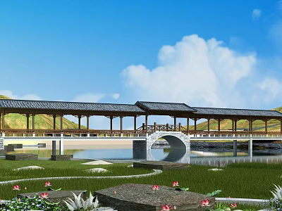 Traditional Covered Bridge With Pavilion Over Lake And Arch Structure Surrounded By Green Grass 3d model