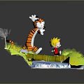 Cartoon Scene With Playful Tiger And Boy On Bamboo Bridge Over Water Stream