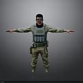 Man In Tactical Military Uniform With Goggles Vest And Arms Outstretched On Gray Background