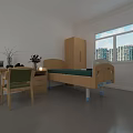 Simple Bedroom Interior With Wooden Bed Desk Chair Cabinet Plants Large Window And City View