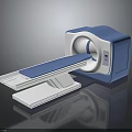 Blue And White Medical Scanner Machine With Movable Bed And Circular Aperture