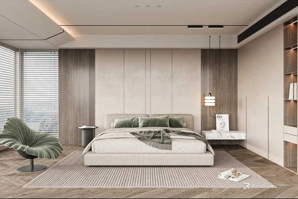 Modern Bedroom Interior With Beige Bed Green Armchair Marble Nightstand And Woven Rug 3d model 
