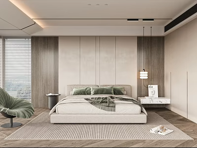 Modern Bedroom Interior With Beige Bed Green Armchair Marble Nightstand And Woven Rug 3d model