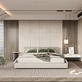 Modern Bedroom Interior With Beige Bed Green Armchair Marble Nightstand And Woven Rug