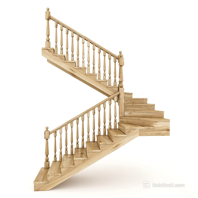 Classic Wooden Interior Staircase With Double Flight Steps And Turned Baluster Railing 3d model 
