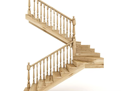 Classic Wooden Interior Staircase With Double Flight Steps And Turned Baluster Railing 3d model