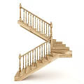 Classic Wooden Interior Staircase With Double Flight Steps And Turned Baluster Railing