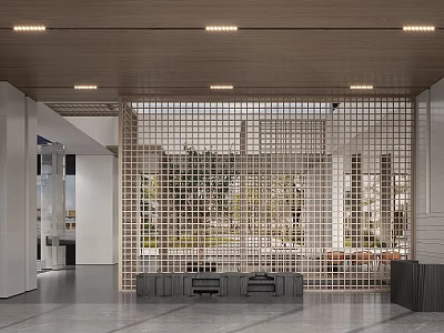 Modern Sales Office Interior With Wooden Ceiling Lattice Screen And Warm Lighting Design 3d model