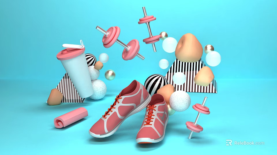 Pink Sports Shoes With Dumbbells Fitness Cup And Geometric Shapes On Blue Background 3d model 