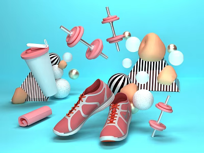 Pink Sports Shoes With Dumbbells Fitness Cup And Geometric Shapes On Blue Background 3d model