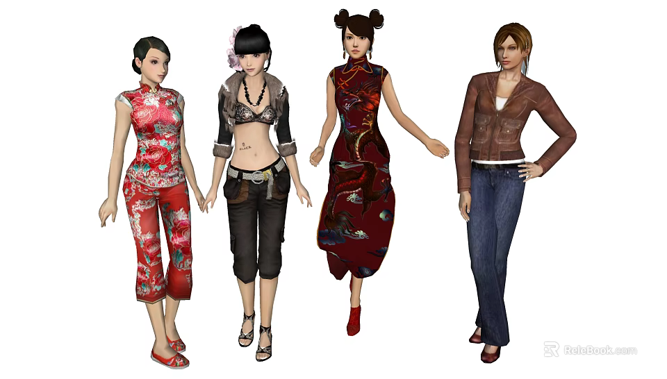 Four Women In Diverse Fashion Styles Outfits 3d model 