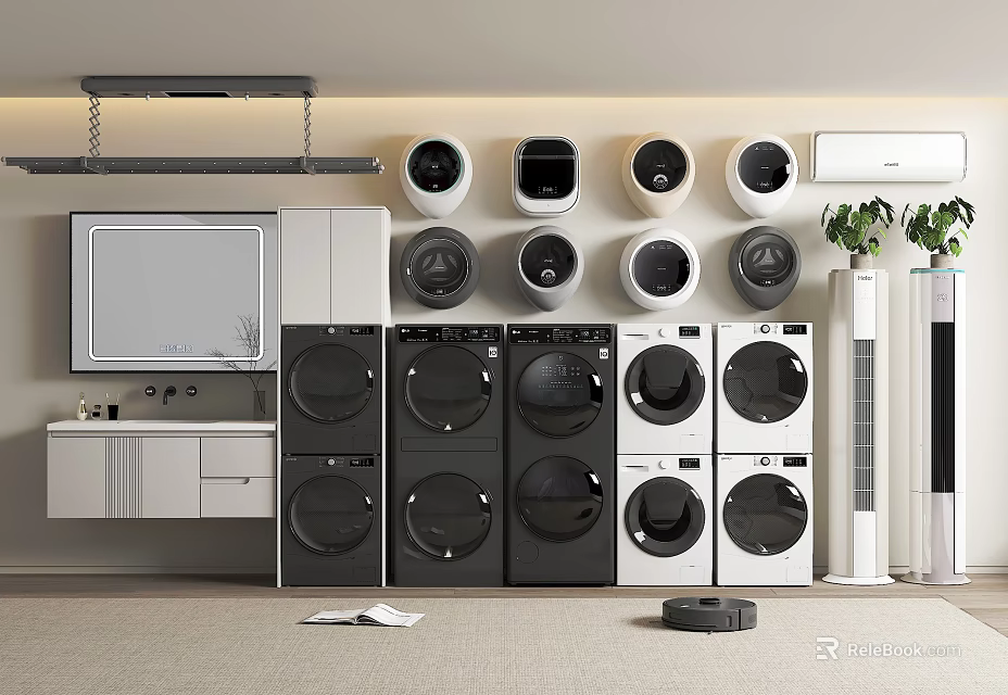 Modern Laundry Room Design With Multiple Stackable Washing Machines In Black And White 3d model 