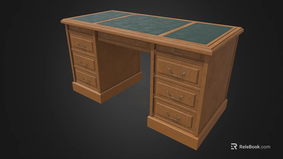 Classic Wooden Office Desk With Green Leather Top And Metal Handle Drawers 3d model 