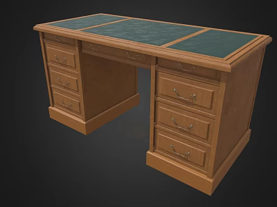 Classic Wooden Office Desk With Green Leather Top And Metal Handle Drawers 3d model