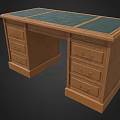 Classic Wooden Office Desk With Green Leather Top And Metal Handle Drawers