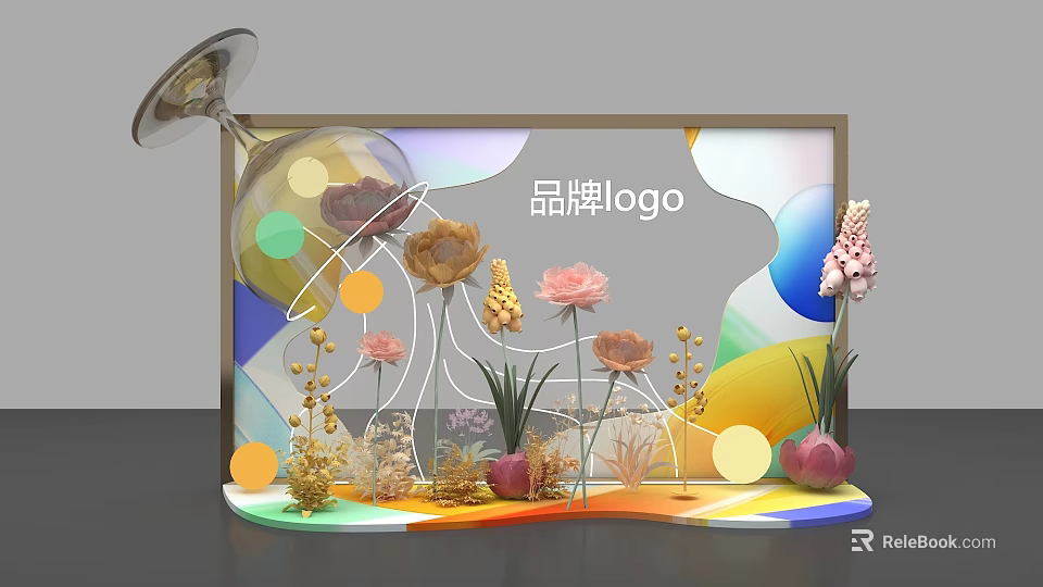 Colorful Floral Display with Brand Logo and Decorative Plants in Modern Frame 3d model 
