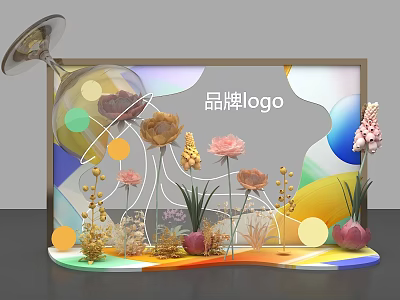 Colorful Floral Display with Brand Logo and Decorative Plants in Modern Frame 3d model