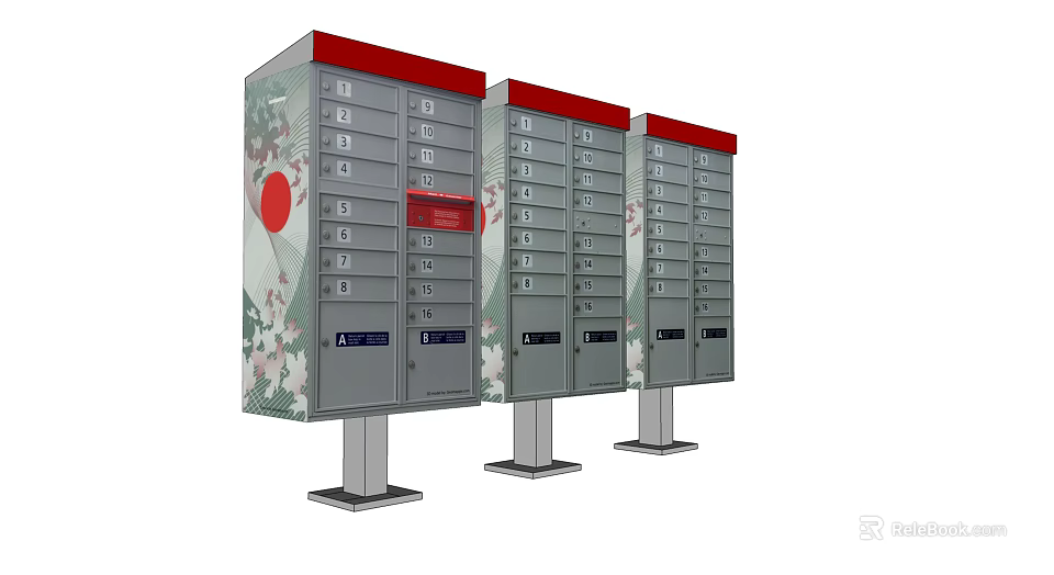 Commercial Mailbox Cabinets With Red Tops Cherry Blossom Patterns And Metal Stands 3d model 