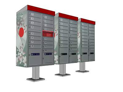 Commercial Mailbox Cabinets With Red Tops Cherry Blossom Patterns And Metal Stands 3d model
