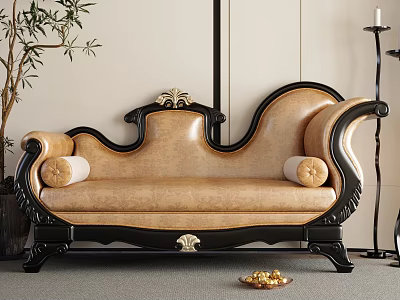 Classic Style Chaise Lounge With Beige Leather And Black Wooden Carved Frame 3d model