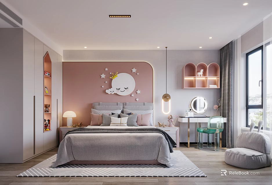 Kids Bedroom Design With Pastel Pink Wall Cartoon Moon Stars Decor 3d model 
