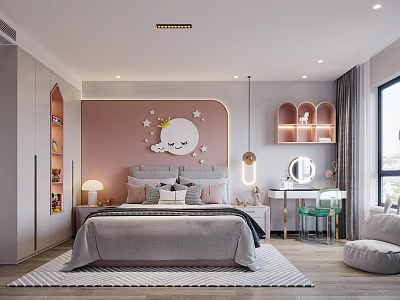 Kids Bedroom Design With Pastel Pink Wall Cartoon Moon Stars Decor 3d model