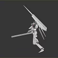 Mechanical Character with Spiked Head White Red Design Standing on Long Legs Holding Long Weapon