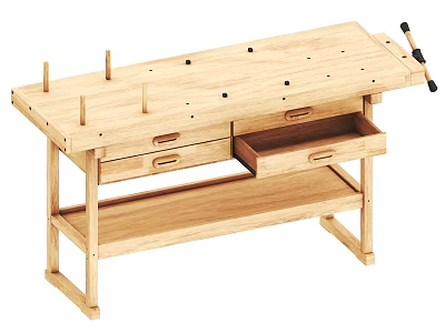 Wooden Functional Workbench With Multiple Drawers Pegs And Clamping Holes 3d model