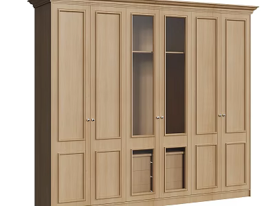 Simple Modern Natural Wood Wardrobe Design With Multiple Doors And Glass Panels 3d model